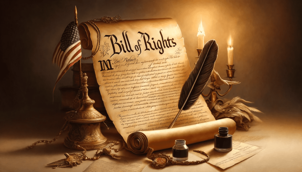 Bill of Rights with a quill and candles nearby.  American flag with all 50 states