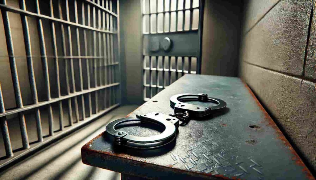 Handcuffs on a prison bench in a cell