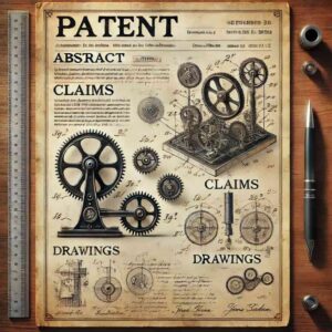 Patent photo drafted up showing gears and drawings on old school parchment paper